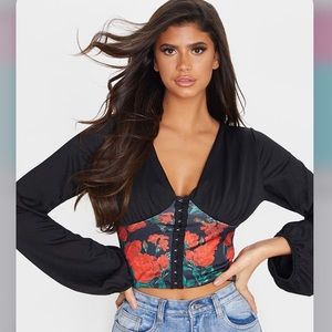 PrettyLittleThing Black Rose Top